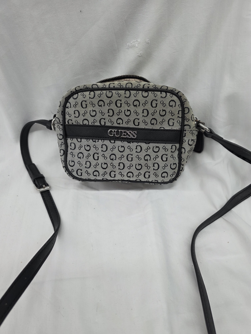 GUESS Gray Monogram Crossbody Bag with Black Trim